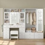 87" W Large Vanity Desk with LED Mirror & Wardrobe, White