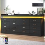 jiteentarou 16 Drawer Dresser with Charging Station and LED Lights, Modern Chest of Drawers with Power Outlet, Organizer Cabinet for Bedroom, Living Room, Entryway, Black