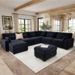 WorthFurni 142.1'' Modular Sectional Sofa, L Shaped Oversized Extra Deep Couches for Living Room, 8-Seat Chenille Couch with Wooden Legs, Movable Ottoman, 2 Arm Pillows and 6 Lumbar Pillows, Black