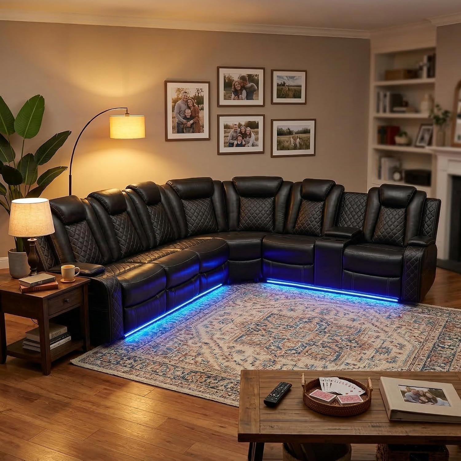 1 Power Reclining Leather Sectional Sofa Set for Living Room, 6-Seater Black Curved Couch with LED Lights, Cup Holders & Storage Console, Home Theater Seating - Image 1