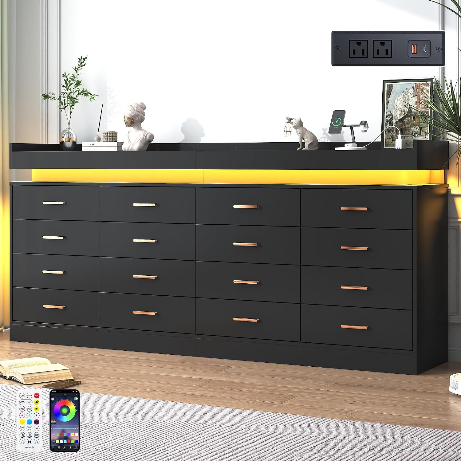 1 jiteentarou 16 Drawer Dresser with Charging Station and LED Lights, Modern Chest of Drawers with Power Outlet, Organizer Cabinet for Bedroom, Living Room, Entryway, Black - Image 1