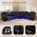 Power Reclining Leather Sectional Sofa Set for Living Room, 6-Seater Black Curved Couch with LED Lights, Cup Holders & Storage Console, Home Theater Seating - Image 2