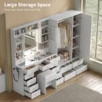 87" W Large Vanity Desk with LED Mirror & Wardrobe, White - Image 3