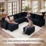 WorthFurni 142.1'' Modular Sectional Sofa, L Shaped Oversized Extra Deep Couches for Living Room, 8-Seat Chenille Couch with Wooden Legs, Movable Ottoman, 2 Arm Pillows and 6 Lumbar Pillows, Black - Image 3