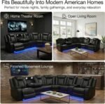 Power Reclining Leather Sectional Sofa Set for Living Room, 6-Seater Black Curved Couch with LED Lights, Cup Holders & Storage Console, Home Theater Seating - Image 3