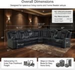 Power Reclining Leather Sectional Sofa Set for Living Room, 6-Seater Black Curved Couch with LED Lights, Cup Holders & Storage Console, Home Theater Seating - Image 4