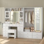87" W Large Vanity Desk with LED Mirror & Wardrobe, White - Image 5