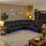 Power Reclining Leather Sectional Sofa Set for Living Room, 6-Seater Black Curved Couch with LED Lights, Cup Holders & Storage Console, Home Theater Seating - Image 5